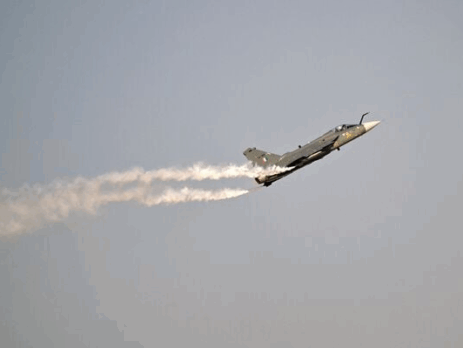 IAF HAL Tejas Mk 1 performing an aerial display flight at Al Maktoum International Airport during the Dubai Airshow 2025